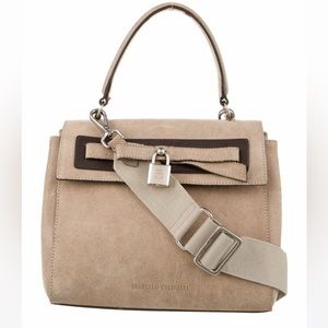 Brunello cucinelli tan suede handbag with cross body strap and lock